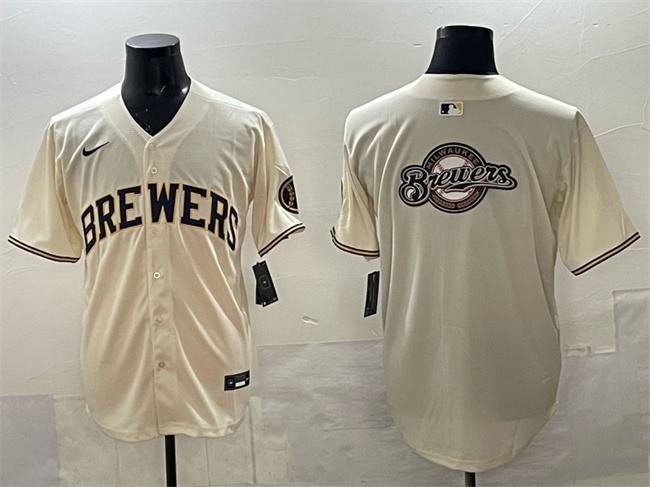 Men's Milwaukee Brewers Team Big Logo Cream Home Limited Stitched Jersey